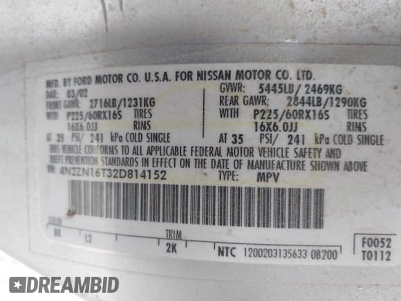 ✅ 2002 Nissan Quest • VIN: 4N2ZN16T32D814152 • Lot: 42990396. Listed on IAAI with 138,345 mi. Free auction sales archive from the USA and detailed vehicle history report at DreamBid. Image 9.