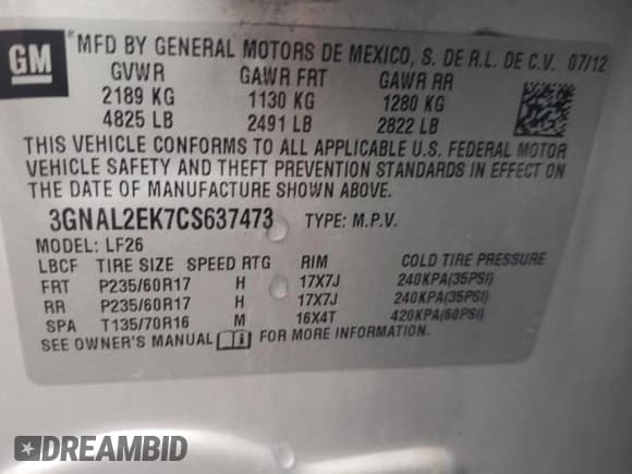 ✅ 2012 Chevrolet Captiva Sport LS • VIN: 3GNAL2EK7CS637473 • Lot: 51618245. Wystawiony na Copart z przebiegiem 92 708 mil. Bezpłatny archiwum sprzedaży aukcyjnych z USA i szczegółowy raport historii pojazdu na DreamBid. Zdjęcie 13.