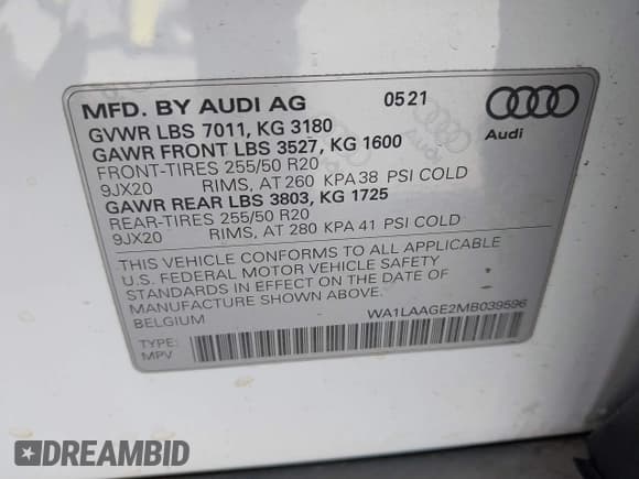 ✅ 2021 Audi e-tron Premium Plus • VIN: WA1LAAGE2MB039596 • Lot: 42458306. Listed on IAAI with 42,347 mi. Free auction sales archive from the USA and detailed vehicle history report at DreamBid. Image 9.