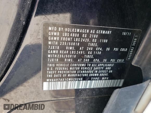 ✅ 2012 Volkswagen Tiguan LE • VIN: WVGAV7AX1CW529240 • Лот: 58011505. Опубликован ранее на Copart с пробегом 218 479 миль. Бесплатный доступ к архиву аукционных продаж из США и подробный отчёт об истории автомобиля на DreamBid. Изображение 13.