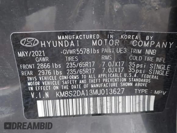 ✅ 2021 Hyundai Santa Fe Blue • VIN: KM8S2DA13MU013627 • Lot: 41630983. Listed on IAAI with 58,187 mi. Free auction sales archive from the USA and detailed vehicle history report at DreamBid. Image 9.