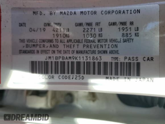 ✅ 2019 Mazda 3 Select • VIN: JM1BPBAM9K1131863 • Лот: 90335045. Опубликован ранее на Copart с пробегом 34 905 миль. Бесплатный доступ к архиву аукционных продаж из США и подробный отчёт об истории автомобиля на DreamBid. Изображение 13.