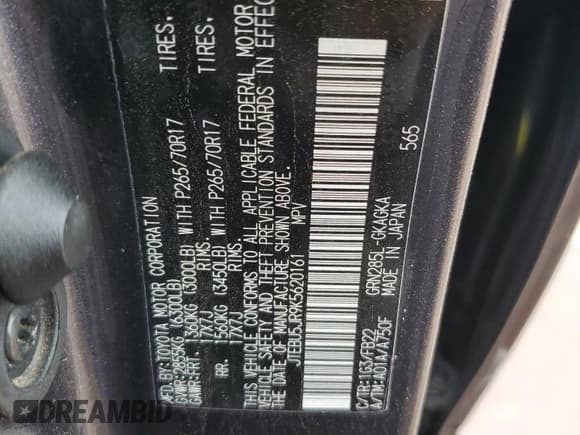 ✅ 2019 Toyota 4Runner SR5 • VIN: JTEBU5JR9K5620161 • Lot: 85000565. Listed on Copart with 102,891 mi. Free auction sales archive from the USA and detailed vehicle history report at DreamBid. Image 12.