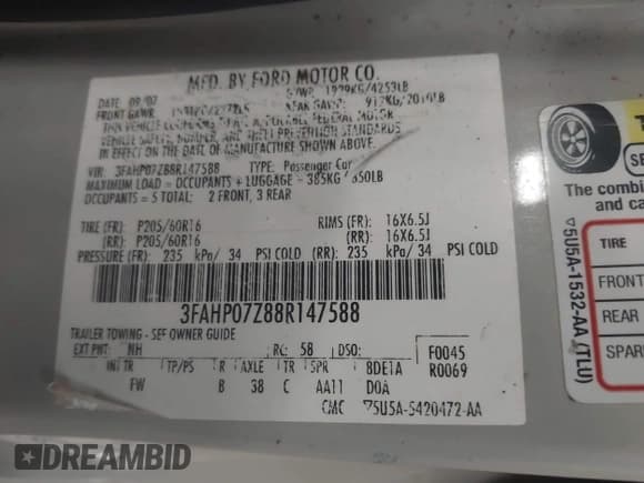 ✅ 2008 Ford Fusion SE • VIN: 3FAHP07Z88R147588 • Lot: 43458935. Wystawiony na IAAI z przebiegiem 179 454 mil. Bezpłatny archiwum sprzedaży aukcyjnych z USA i szczegółowy raport historii pojazdu na DreamBid. Zdjęcie 9.