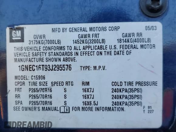 ✅ 2003 Chevrolet Suburban LS • VIN: 1GNEC16T93J295576 • Лот: 89305005. Опубликован ранее на Copart с пробегом 429 945 миль. Бесплатный доступ к архиву аукционных продаж из США и подробный отчёт об истории автомобиля на DreamBid. Изображение 13.