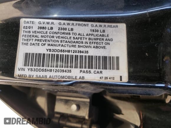 ✅ 2001 Saab 9-3 • VIN: YS3DD55H812039435 • Lot: 80492954. Wystawiony na Copart z przebiegiem 115 369 mil. Bezpłatny archiwum sprzedaży aukcyjnych z USA i szczegółowy raport historii pojazdu na DreamBid. Zdjęcie 12.