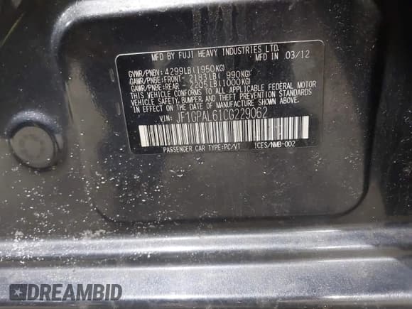 ✅ 2012 Subaru Impreza Special Sports Premium • VIN: JF1GPAL61CG229062 • Lot: 41742124. Listed on IAAI with 286,708 mi. Free auction sales archive from the USA and detailed vehicle history report at DreamBid. Image 9.