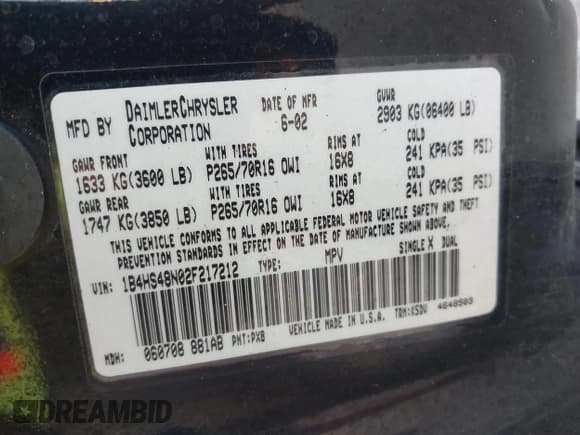 ✅ 2002 Dodge Durango SLT • VIN: 1B4HS48N02F217212 • Lot: 42855309. Listed on IAAI with 161,209 mi. Free auction sales archive from the USA and detailed vehicle history report at DreamBid. Image 9.