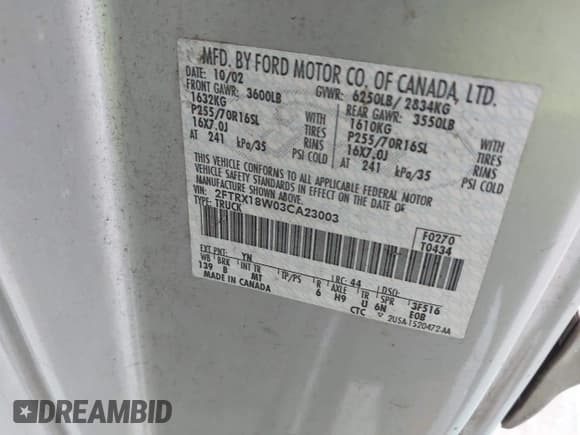 ✅ 2003 Ford F-150 XL • VIN: 2FTRX18W03CA23003 • Lot: 42403479. Listed on IAAI with 316,789 mi. Free auction sales archive from the USA and detailed vehicle history report at DreamBid. Image 9.