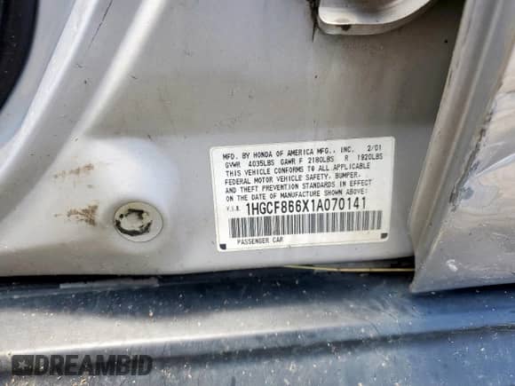 2001 Honda Accord VP with VIN 1HGCF866X1A070141, listed as a Copart auction lot 66438845 with Not provided miles and Salvage title. Bid and sale history available at DreamBid. Image 12.