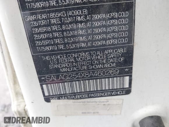 ✅ 2008 Land Rover LR3 HSE • VIN: SALAG254X8A460269 • Lot: 42166502. Wystawiony na IAAI z przebiegiem 208 000 mil. Bezpłatny archiwum sprzedaży aukcyjnych z USA i szczegółowy raport historii pojazdu na DreamBid. Zdjęcie 9.