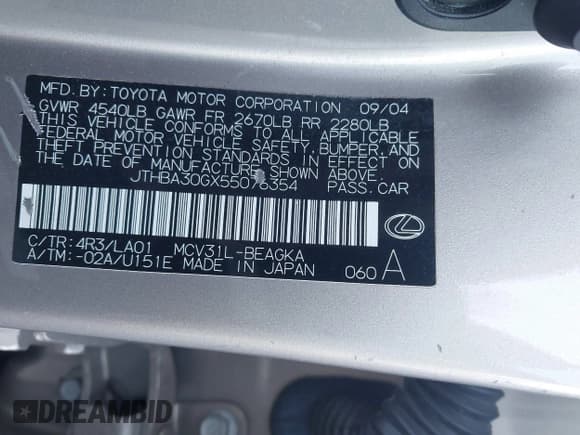 ✅ 2005 Lexus ES 350 • VIN: JTHBA30GX55076354 • Lot: 43711300. Listed on IAAI with 172,419 mi. Free auction sales archive from the USA and detailed vehicle history report at DreamBid. Image 9.