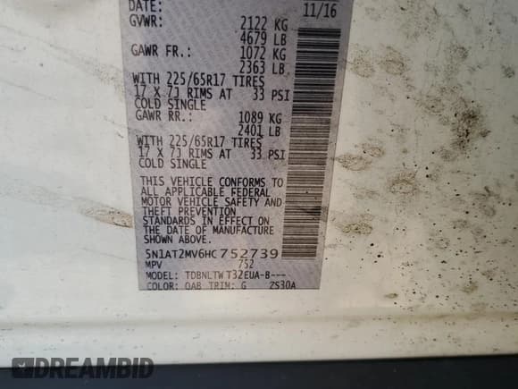 ✅ 2017 Nissan Rogue SV • VIN: 5N1AT2MV6HC752739 • Lot: 81935105. Listed on Copart with Not provided. Free auction sales archive from the USA and detailed vehicle history report at DreamBid. Image 13.