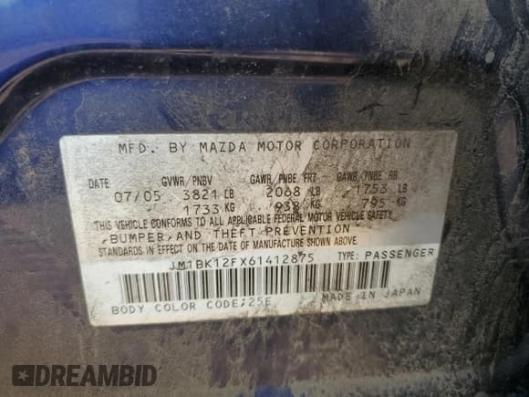 ✅ 2006 Mazda 3 i Touring • VIN: JM1BK12FX61412875 • Лот: 82691625. Опубликован ранее на Copart с пробегом 170 440 миль. Бесплатный доступ к архиву аукционных продаж из США и подробный отчёт об истории автомобиля на DreamBid. Изображение 12.