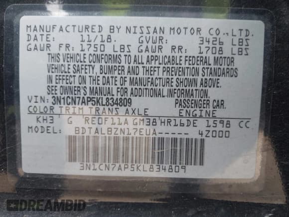 ✅ 2019 Nissan Versa SV • VIN: 3N1CN7AP5KL834809 • Lot: 43672174. Listed on IAAI with 168,508 mi. Free auction sales archive from the USA and detailed vehicle history report at DreamBid. Image 9.