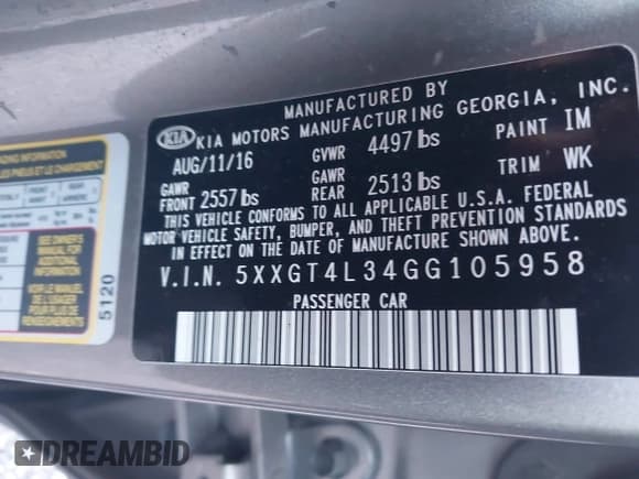 ✅ 2016 Kia Optima LX • VIN: 5XXGT4L34GG105958 • Lot: 43679959. Listed on IAAI with 128,686 mi. Free auction sales archive from the USA and detailed vehicle history report at DreamBid. Image 9.