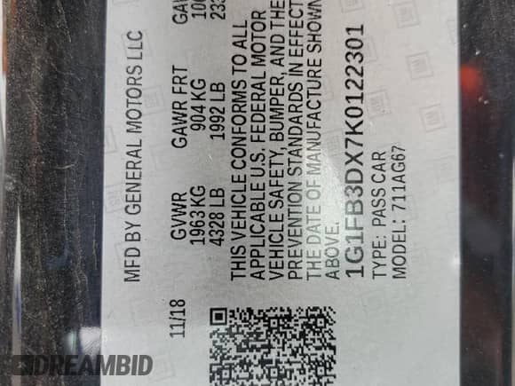 2019 Chevrolet Camaro 1LT с VIN 1G1FB3DX7K0122301, выставлен на аукционе Copart как лот 67852665 с пробегом 69 346 миль миль и Списание • Salvage title. История ставок и продаж доступна на DreamBid. Изображение 12.