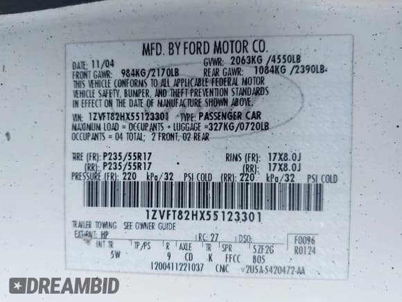 ✅ 2005 Ford Mustang GT Deluxe • VIN: 1ZVFT82HX55123301 • Lot: 43391120. Wystawiony na IAAI z przebiegiem 140 844 mil. Bezpłatny archiwum sprzedaży aukcyjnych z USA i szczegółowy raport historii pojazdu na DreamBid. Zdjęcie 9.