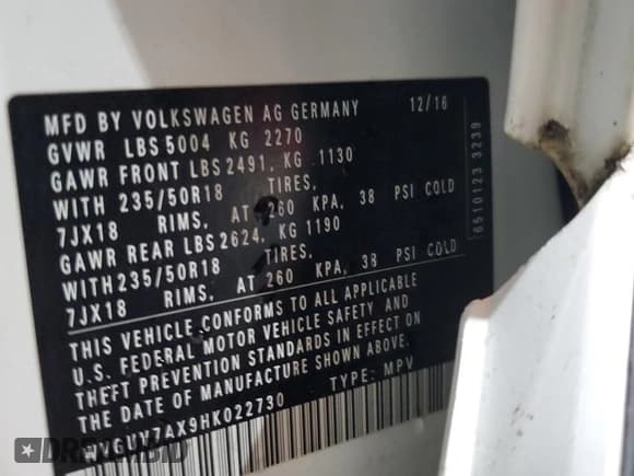 ✅ 2017 Volkswagen Tiguan Sport • VIN: WVGUV7AX9HK022730 • Lot: 64624775. Listed on Copart with 130,401 mi. Free auction sales archive from the USA and detailed vehicle history report at DreamBid. Image 13.