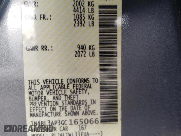 ✅ 2016 Nissan Altima SL • VIN: 1N4BL3AP3GC165066 • Lot: 88383725. Listed on Copart with 86,470 mi. Free auction sales archive from the USA and detailed vehicle history report at DreamBid. Image 12.