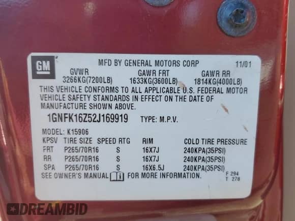 2002 Chevrolet Suburban LT с VIN 1GNFK16Z52J169919, выставлен на аукционе Copart как лот 69862874 с пробегом 271 901 миль миль и Списание • Salvage title. История ставок и продаж доступна на DreamBid. Изображение 13.