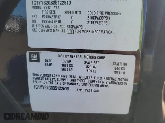 ✅ 2003 Chevrolet Corvette • VIN: 1G1YY32G335122519 • Lot: 63036645. Listed on Copart with Not provided. Free auction sales archive from the USA and detailed vehicle history report at DreamBid. Image 13.