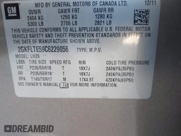 ✅ 2012 GMC Terrain SLE-2 • VIN: 2GKFLTE59C6229056 • Лот: 42633132. Опубликован ранее на IAAI с пробегом 144 591 миль. Бесплатный доступ к архиву аукционных продаж из США и подробный отчёт об истории автомобиля на DreamBid. Изображение 9.