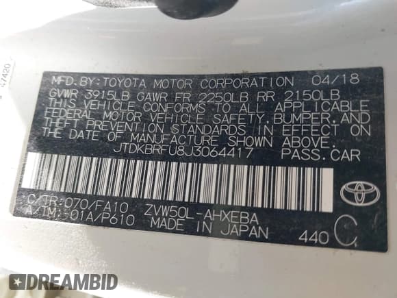 ✅ 2018 Toyota Prius Two • VIN: JTDKBRFU8J3064417 • Lot: 42213451. Listed on IAAI with Not provided. Free auction sales archive from the USA and detailed vehicle history report at DreamBid. Image 9.