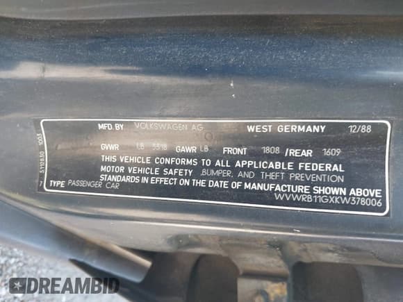 ✅ 1989 Volkswagen Jetta • VIN: WVWRB11GXKW378006 • Lot: 43152661. Wystawiony na IAAI z przebiegiem 66 430 mil. Bezpłatny archiwum sprzedaży aukcyjnych z USA i szczegółowy raport historii pojazdu na DreamBid. Zdjęcie 9.