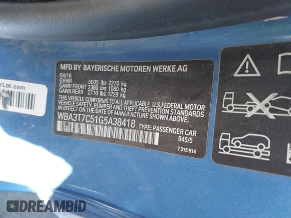 ✅ 2016 BMW 4 Series 435i xDrive • VIN: WBA3T7C51G5A38418 • Lot: 41569200. Listed on IAAI with 103,610 mi. Free auction sales archive from the USA and detailed vehicle history report at DreamBid. Image 9.