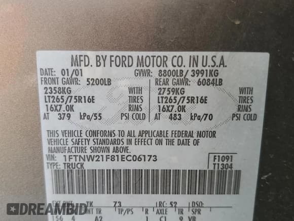 ✅ 2001 Ford F-250 XL • VIN: 1FTNW21F81EC06173 • Lot: 62729034. Listed on Copart with 258,910 mi. Free auction sales archive from the USA and detailed vehicle history report at DreamBid. Image 12.