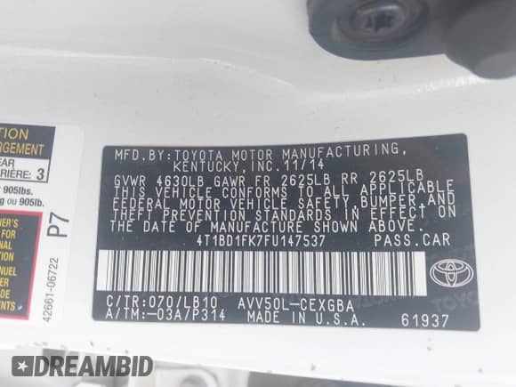 2015 Toyota Camry LE with VIN 4T1BD1FK7FU147537, listed as a IAAI auction lot 42983430 with 161,169 mi miles and . Bid and sale history available at DreamBid. Image 9.