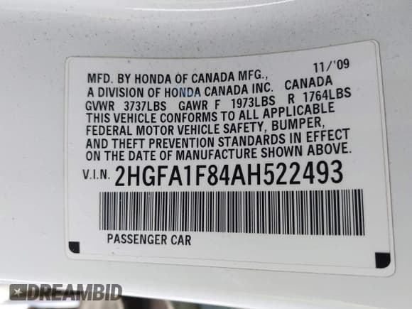 ✅ 2010 Honda Civic EX • VIN: 2HGFA1F84AH522493 • Lot: 43195442. Listed on IAAI with 217,975 mi. Free auction sales archive from the USA and detailed vehicle history report at DreamBid. Image 9.