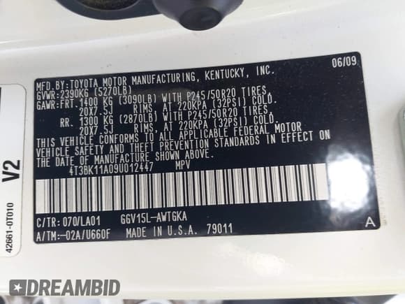 ✅ 2009 Toyota Venza • VIN: 4T3BK11A09U012447 • Lot: 43278557. Wystawiony na IAAI z przebiegiem 198 685 mil. Bezpłatny archiwum sprzedaży aukcyjnych z USA i szczegółowy raport historii pojazdu na DreamBid. Zdjęcie 9.