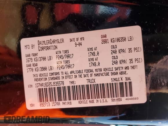 2005 Dodge 1500 SLT z VIN 1D7HA16D25J535578, wystawiony jako Copart lot #49976875 z przebiegiem 126 139 mil mil oraz Szkoda całkowita • Salvage title. Historia ofert i sprzedaży dostępna na DreamBid. Obrazek 14.