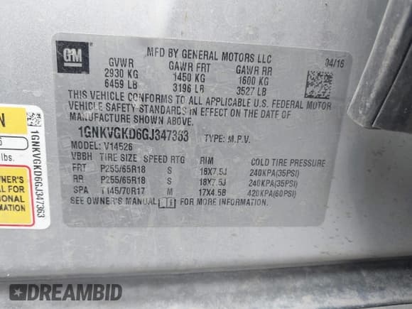 ✅ 2016 Chevrolet Traverse LT • VIN: 1GNKVGKD6GJ347363 • Lot: 41676104. Listed on IAAI with 116,502 mi. Free auction sales archive from the USA and detailed vehicle history report at DreamBid. Image 9.