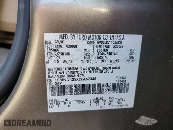 ✅ 2002 Ford Excursion Limited • VIN: 1FMNU43SX2EA67348 • Lot: 81412615. Wystawiony na Copart z przebiegiem 217 556 mil. Bezpłatny archiwum sprzedaży aukcyjnych z USA i szczegółowy raport historii pojazdu na DreamBid. Zdjęcie 12.
