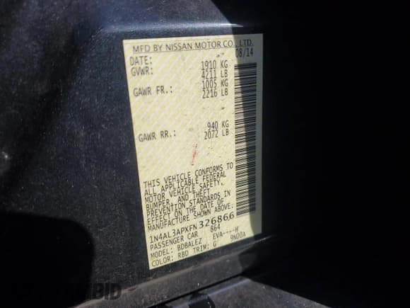 ✅ 2015 Nissan Altima SL • VIN: 1N4AL3APXFN326866 • Lot: 90369235. Listed on Copart with 184,873 mi. Free auction sales archive from the USA and detailed vehicle history report at DreamBid. Image 12.