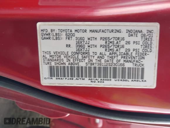 ✅ 2002 Toyota Tundra Limited • VIN: 5TBRT38112S230166 • Lot: 41690218. Listed on IAAI with 198,433 mi. Free auction sales archive from the USA and detailed vehicle history report at DreamBid. Image 9.