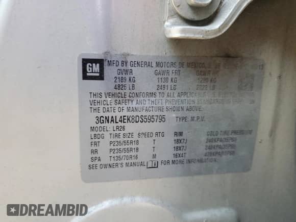 2013 Chevrolet Captiva Sport LTZ с VIN 3GNAL4EK8DS595795, выставлен на аукционе Copart как лот 83646494 с пробегом 161 133 миль миль и Списание • Salvage title. История ставок и продаж доступна на DreamBid. Изображение 16.