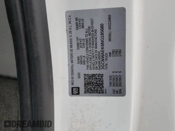 2022 Chevrolet Silverado 1500 Work Truck z VIN 3GCNWAEK6NG185680, wystawiony jako Copart lot #85725755 z przebiegiem 81 374 mil mil oraz Szkoda całkowita • Salvage title. Historia ofert i sprzedaży dostępna na DreamBid. Obrazek 12.