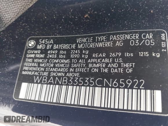 ✅ 2005 BMW 5 Series 545i • VIN: WBANB33535CN65922 • Лот: 42604390. Опубликован ранее на IAAI с пробегом 122 005 миль. Бесплатный доступ к архиву аукционных продаж из США и подробный отчёт об истории автомобиля на DreamBid. Изображение 9.