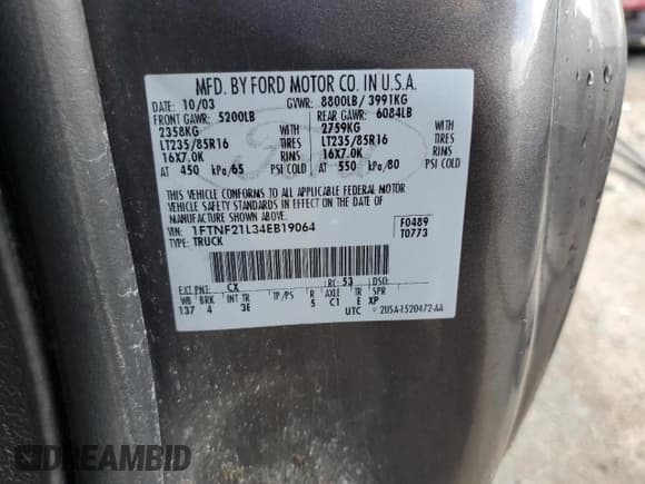 ✅ 2004 Ford F-250 XL • VIN: 1FTNF21L34EB19064 • Lot: 45322844. Listed on Copart with 222,794 mi. Free auction sales archive from the USA and detailed vehicle history report at DreamBid. Image 12.