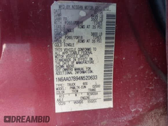 ✅ 2004 Nissan Titan SE • VIN: 1N6AA07B94N520633 • Lot: 42967037. Listed on IAAI with 239,838 mi. Free auction sales archive from the USA and detailed vehicle history report at DreamBid. Image 9.