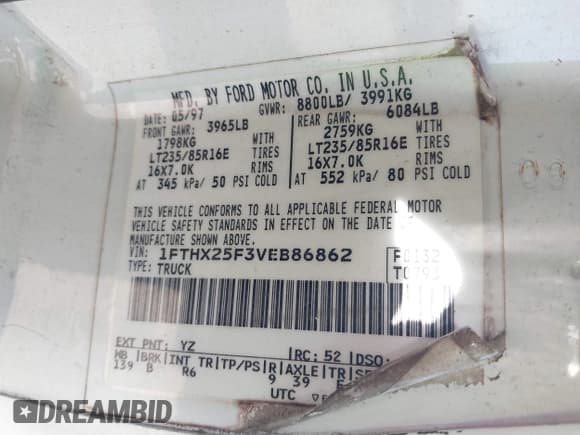 ✅ 1997 Ford F-250 • VIN: 1FTHX25F3VEB86862 • Lot: 42722411. Listed on IAAI with Not provided. Free auction sales archive from the USA and detailed vehicle history report at DreamBid. Image 9.