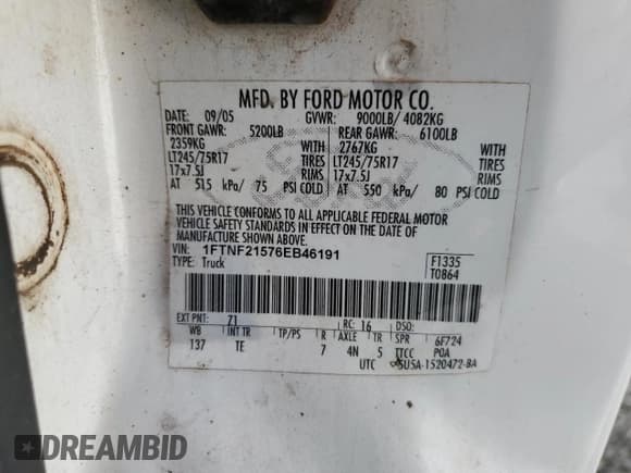 ✅ 2006 Ford F-250 XL • VIN: 1FTNF21576EB46191 • Лот: 88445215. Опубликован ранее на Copart с пробегом Не указан. Бесплатный доступ к архиву аукционных продаж из США и подробный отчёт об истории автомобиля на DreamBid. Изображение 12.