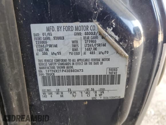 ✅ 2003 Ford F-250 XL • VIN: 1FTNX21P43EB82673 • Lot: 63690345. Listed on Copart with 207,616 mi. Free auction sales archive from the USA and detailed vehicle history report at DreamBid. Image 12.