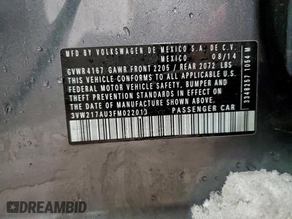 ✅ 2015 Volkswagen Golf TSI S • VIN: 3VW217AU3FM022013 • Lot: 94729755. Listed on Copart with 102,724 mi. Free auction sales archive from the USA and detailed vehicle history report at DreamBid. Image 13.