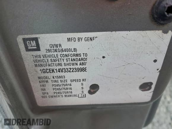 ✅ 2003 Chevrolet Silverado 1500 Work Truck • VIN: 1GCEK14V33Z239988 • Lot: 95162555. Listed on Copart with 213,565 mi. Free auction sales archive from the USA and detailed vehicle history report at DreamBid. Image 13.