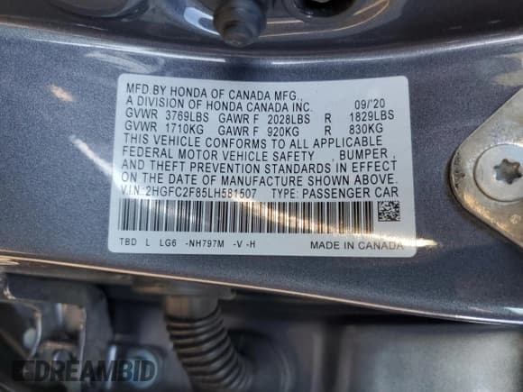 ✅ 2020 Honda Civic Sport • VIN: 2HGFC2F85LH581507 • Lot: 86693335. Listed on Copart with 50,365 mi. Free auction sales archive from the USA and detailed vehicle history report at DreamBid. Image 12.